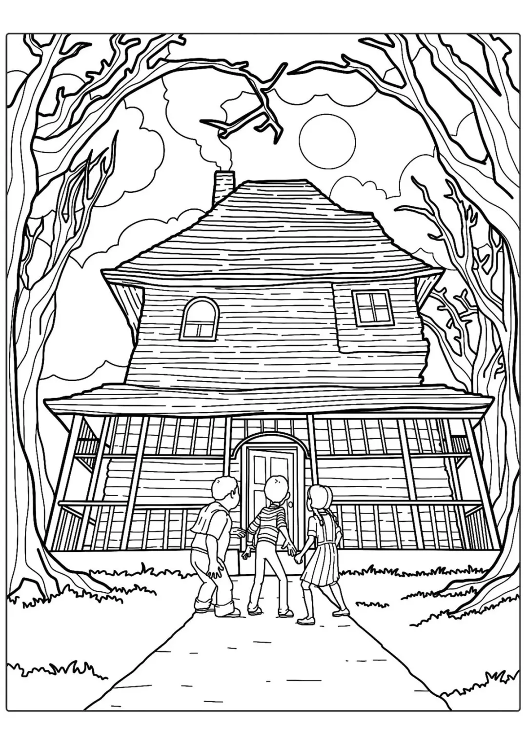 Трое ребят перед домом с привидениями