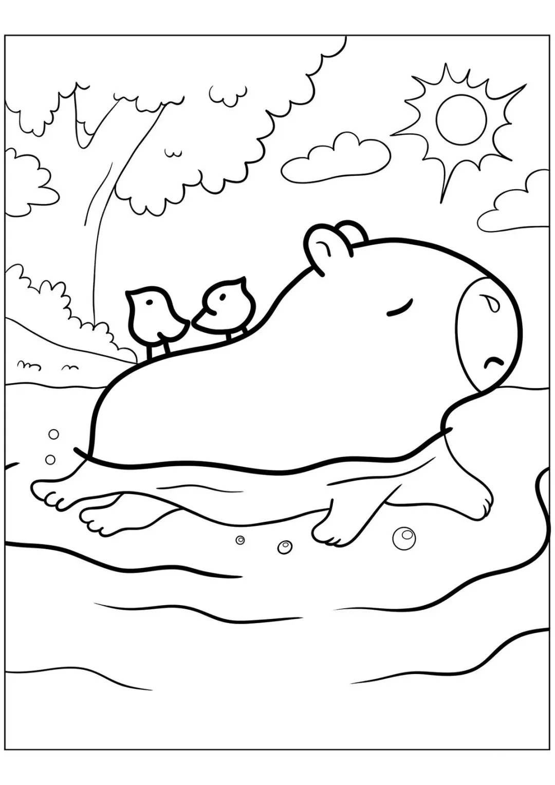Капибара плавает с птичками