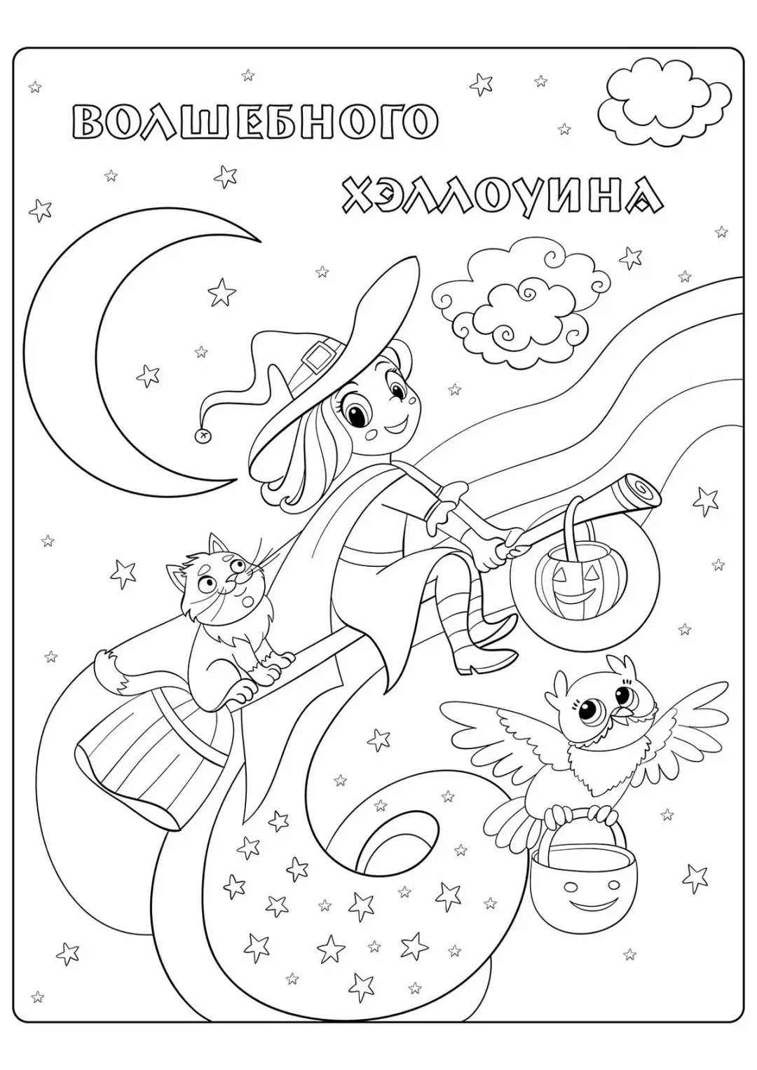 Ведьмочка на метле с котом и совой