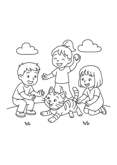 Кот играет с детьми