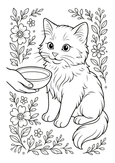 Котёнок в цветах и миска молока