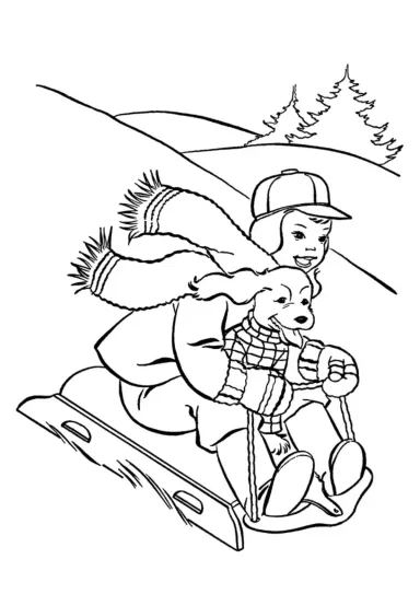 Собака катается на санках