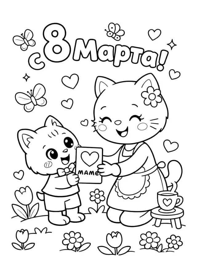 Котёнок дарит открытку маме на 8 марта