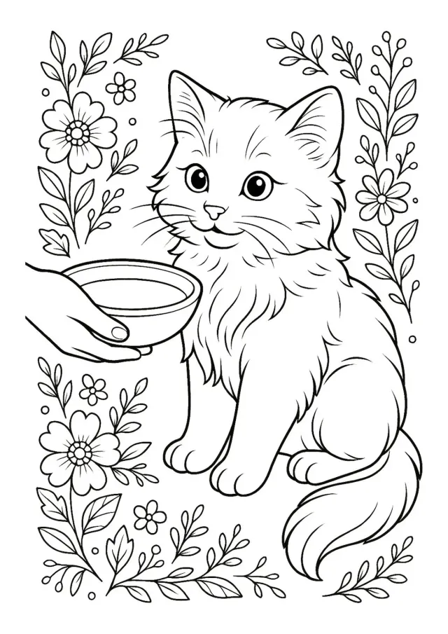 Котёнок в цветах и миска молока