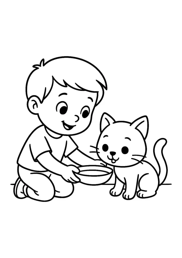 Мальчик поит котёнка молоком