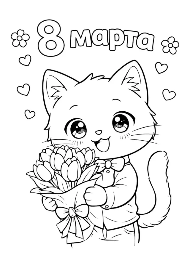 Котёнок с букетом на 8 марта
