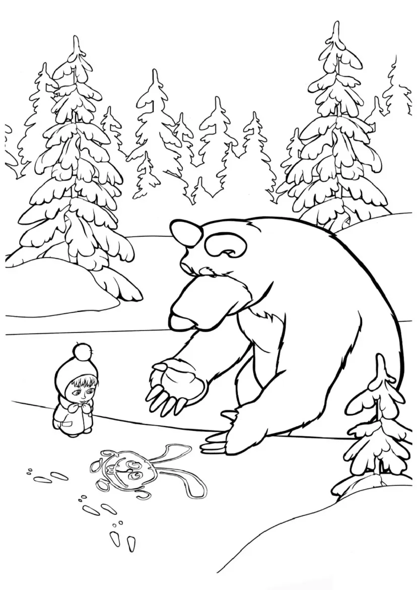 Маша и медведь рисуют на снегу
