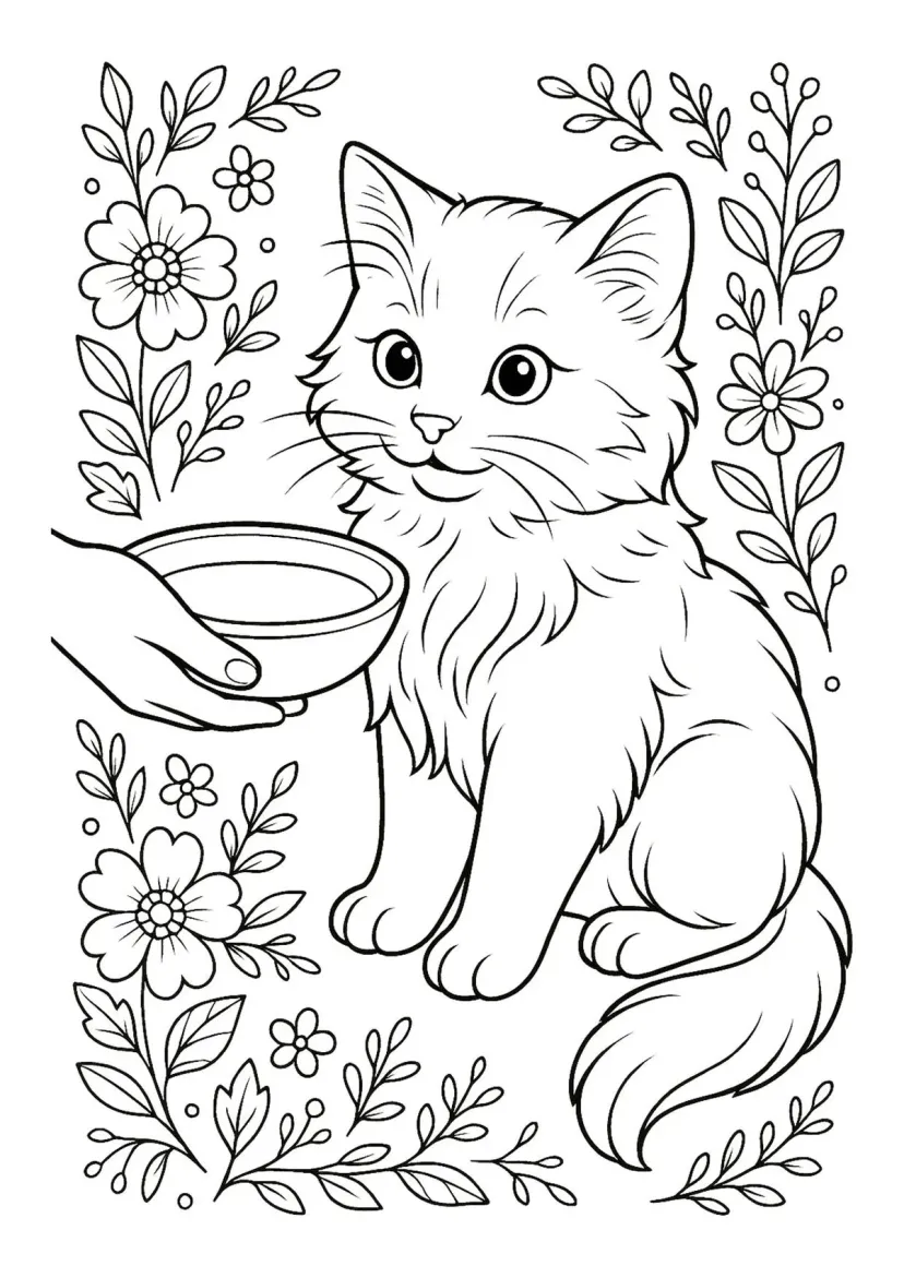 Котёнок в цветах и миска молока